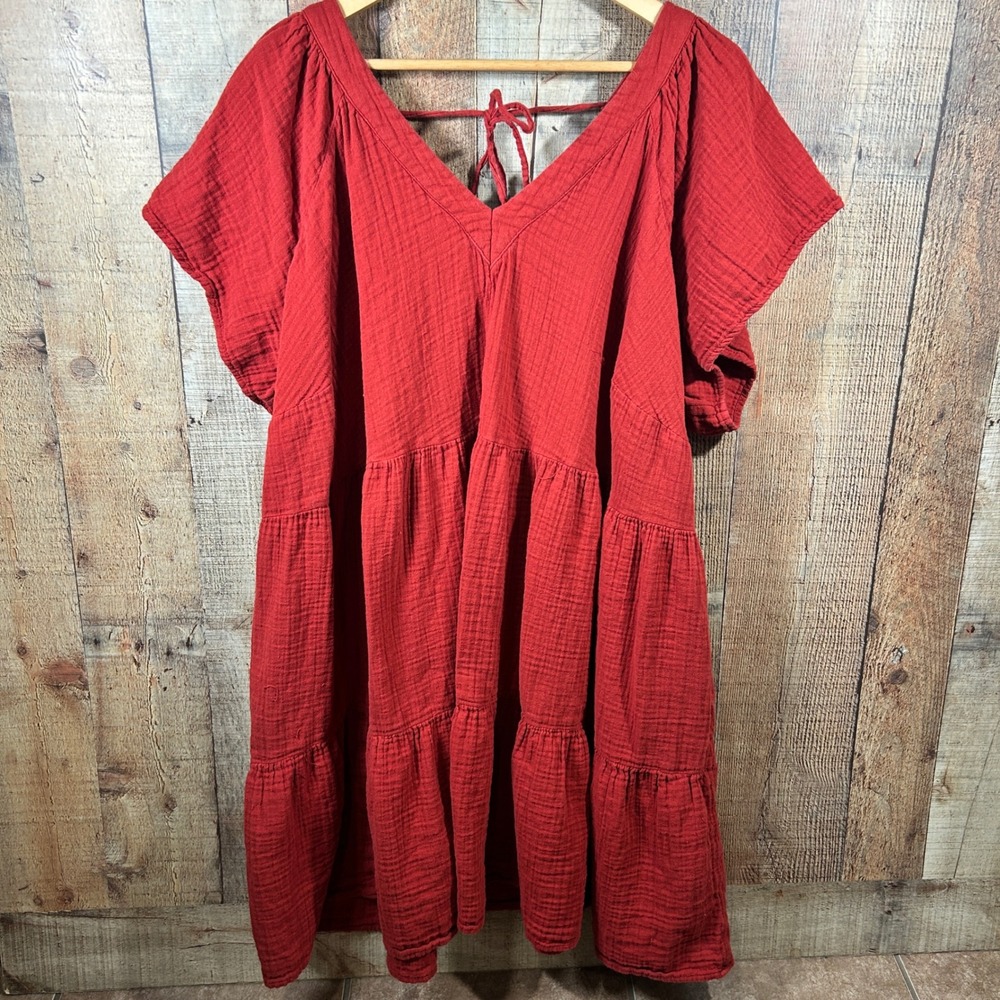Old Navy Tiered Gauze Peasant Dress Rust Red Boho Plus 4X Cotton Cottagecore
